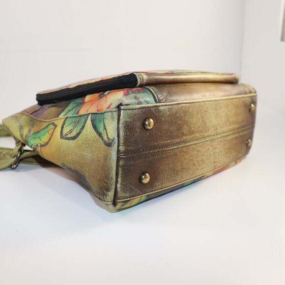 Anuschka Hand-Painted Leather Crossbody Bag Cat & Bird Floral - Picture 5 of 9